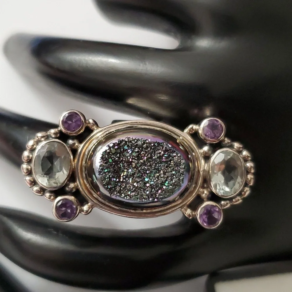 Signed Sterling Silver 925 Druzy Amethyst Topaz Statement Ring